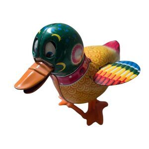 Vintage Windup Duck Tin Toy Made In JAPAN Colorful Animal Metal NONWORKING 5"